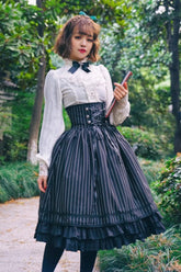 Black Multi-Layered Stripe Print Ruffle Lace-Up Classic College Style Elegant Lolita Skirt